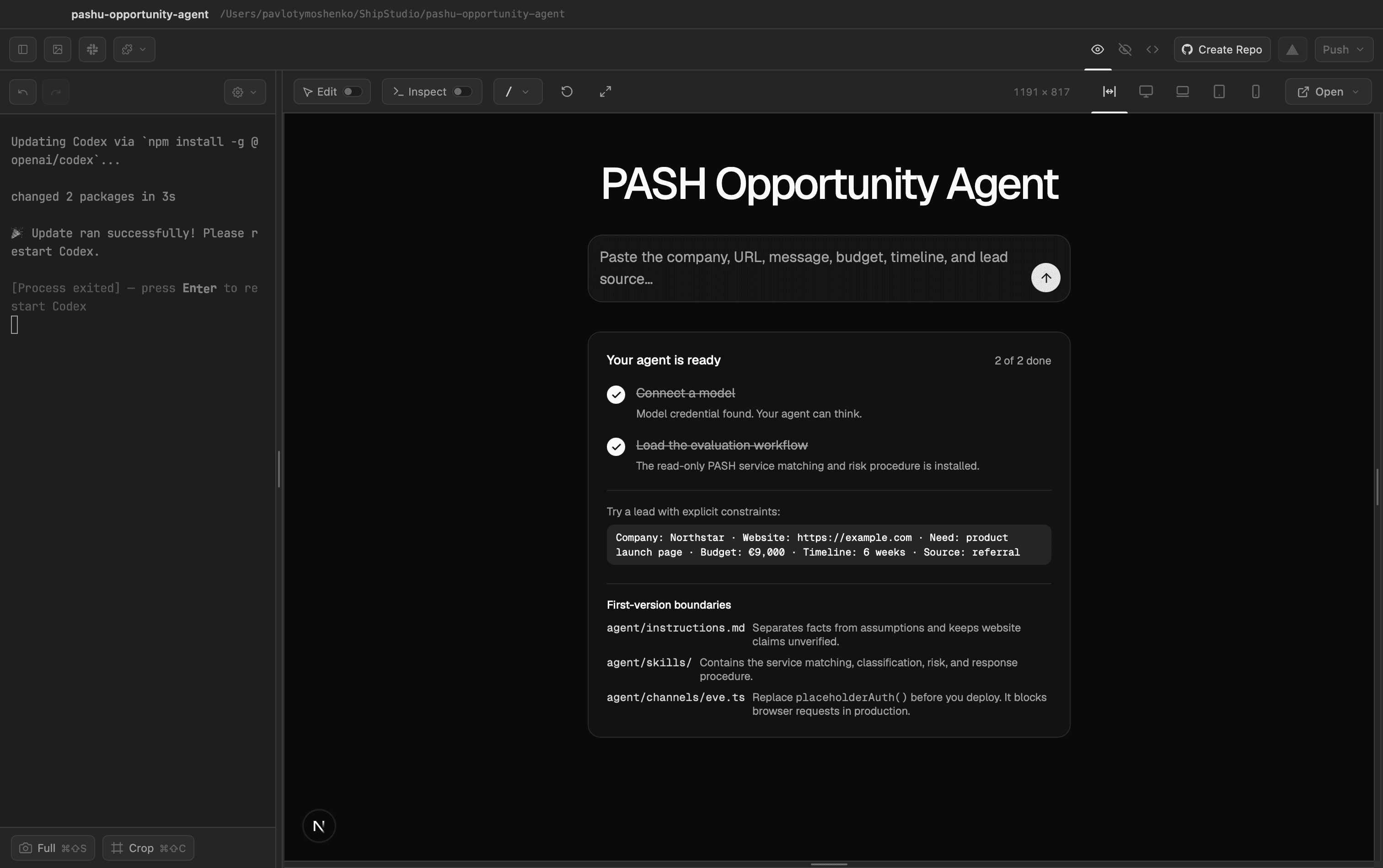 Agentic interface experiment showing an opportunity agent